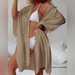 BEACH Swimsuit Cover-Up Button Front Lightweight Oversized Shirt One Size